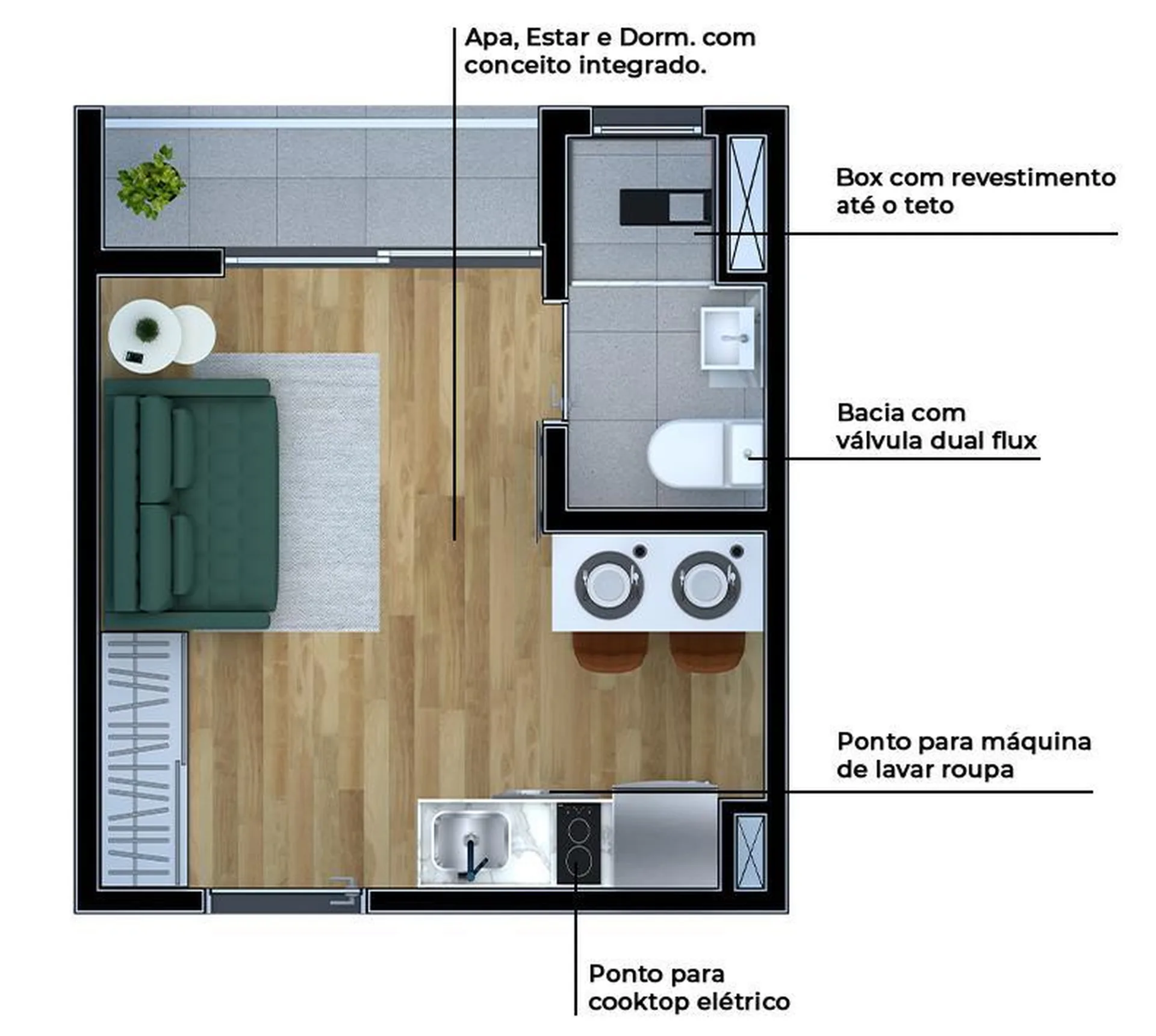 Planta do Metrocasa Prime Sapopemba — 1 dormitório – 18 m² Studio