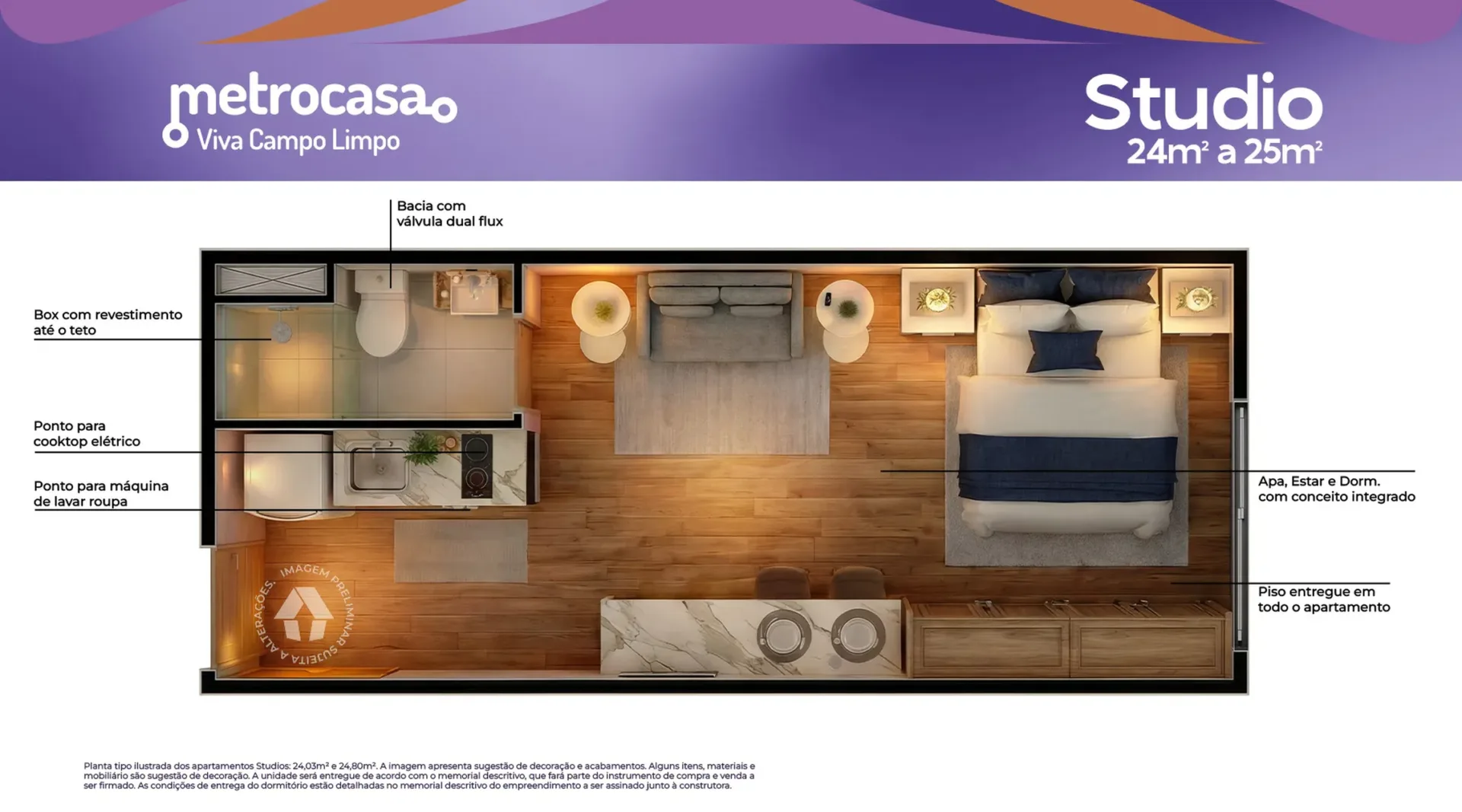 Planta do Metrocasa Viva Campo Limpo — 1 dormitório – 25 m² Studio