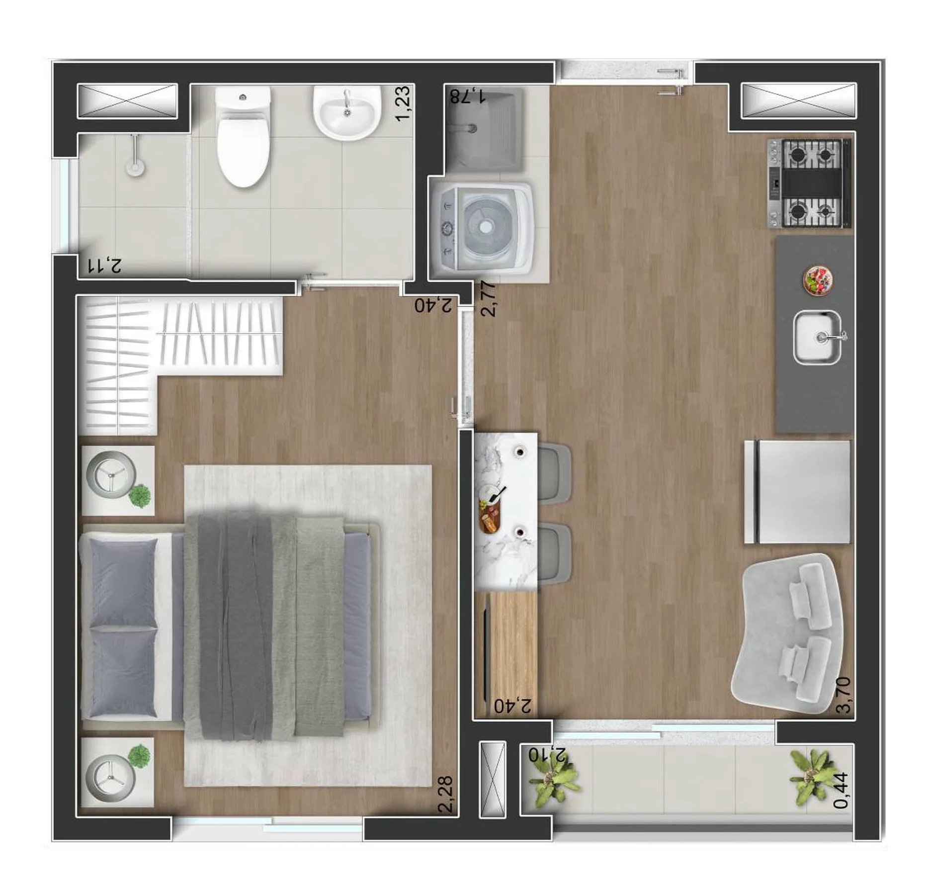 Planta do Miraus Praça Santa Helena — 1 dormitório – 24,91 m²