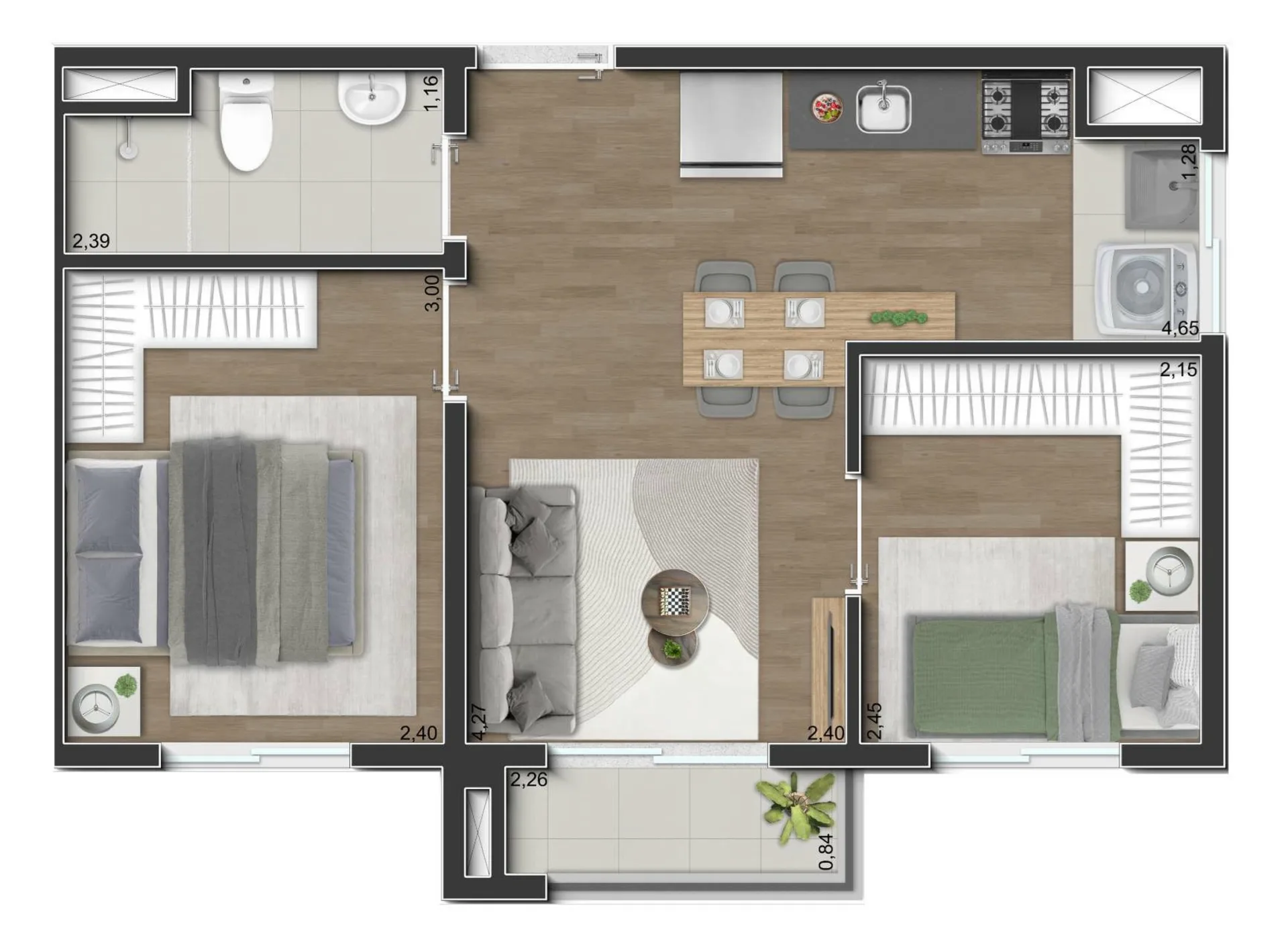 Planta do Miraus Praça Santa Helena — 2 dormitórios – 35,55 m²