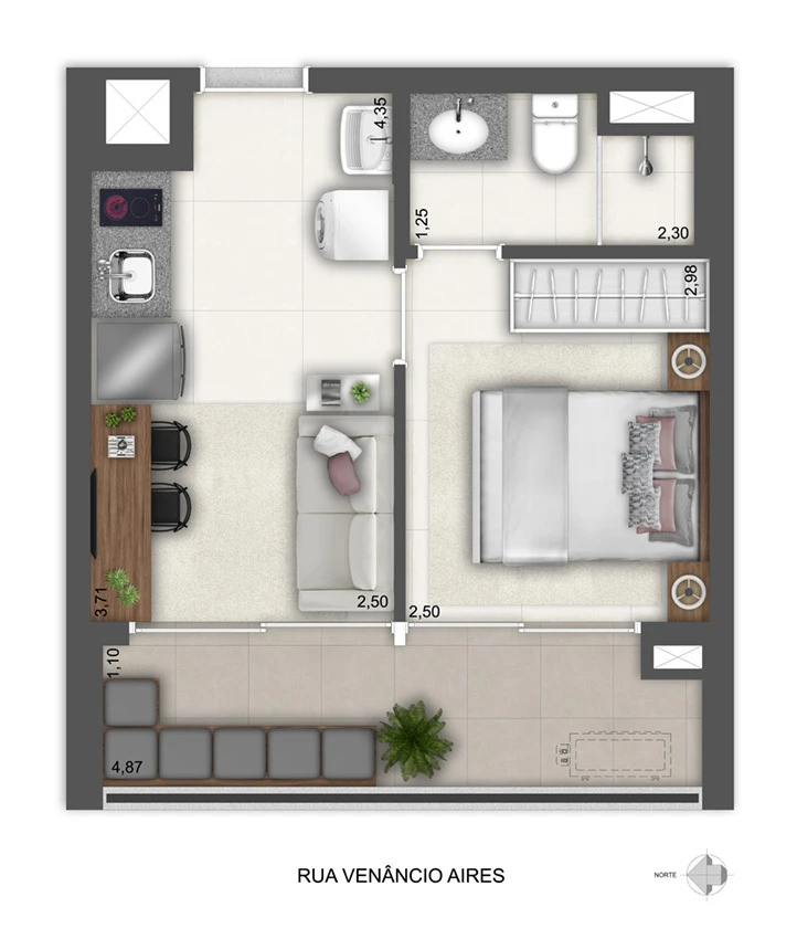 Planta do apartamento de 1 dormitório de 31,85 m² do Modo Pompeia