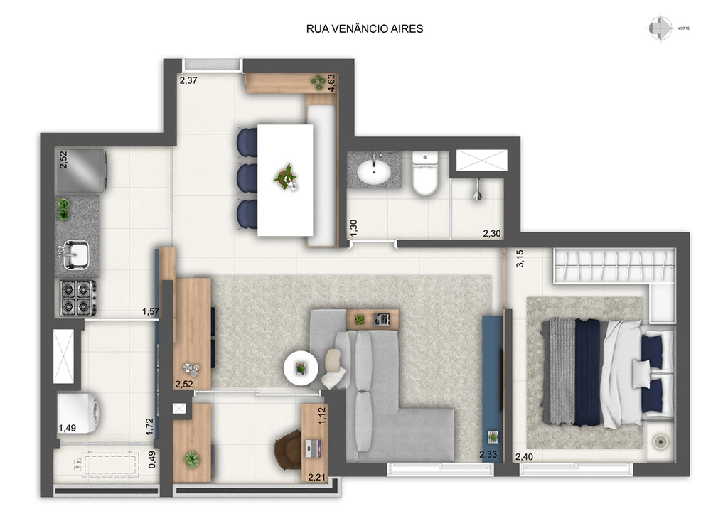 Planta do apartamento de 1 dormitório de 46,91 m² do Modo Pompeia