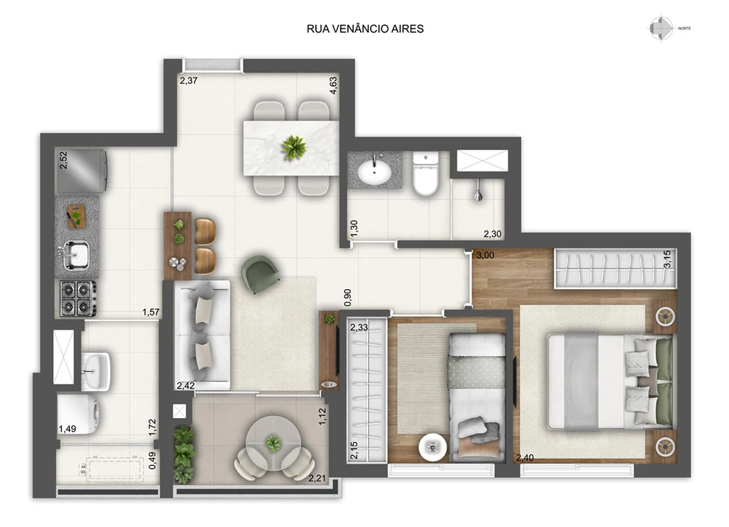 Planta do apartamento de 2 dormitórios de 46,91 m² do Modo Pompeia