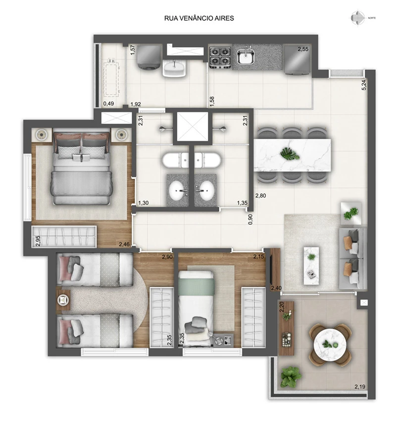 Planta do apartamento de 3 dormitórios de 62,66 m² do Modo Pompeia