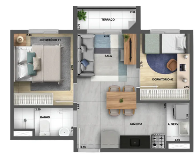 Planta do My Sacomã — 2 dormitórios – 36,8 m²