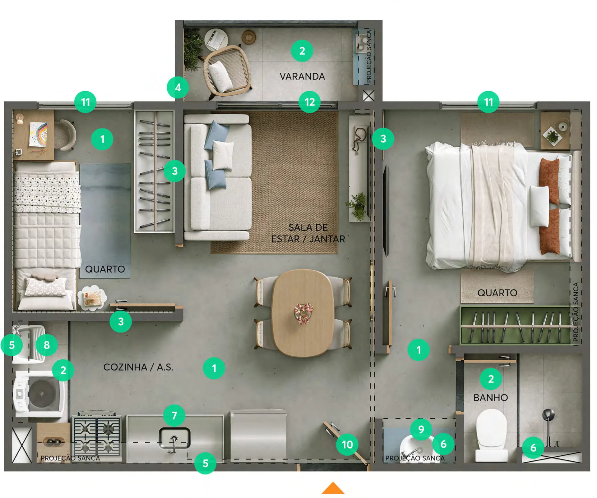 Planta do Nascente das Borboletas — 2 dormitórios – 35,08 m²