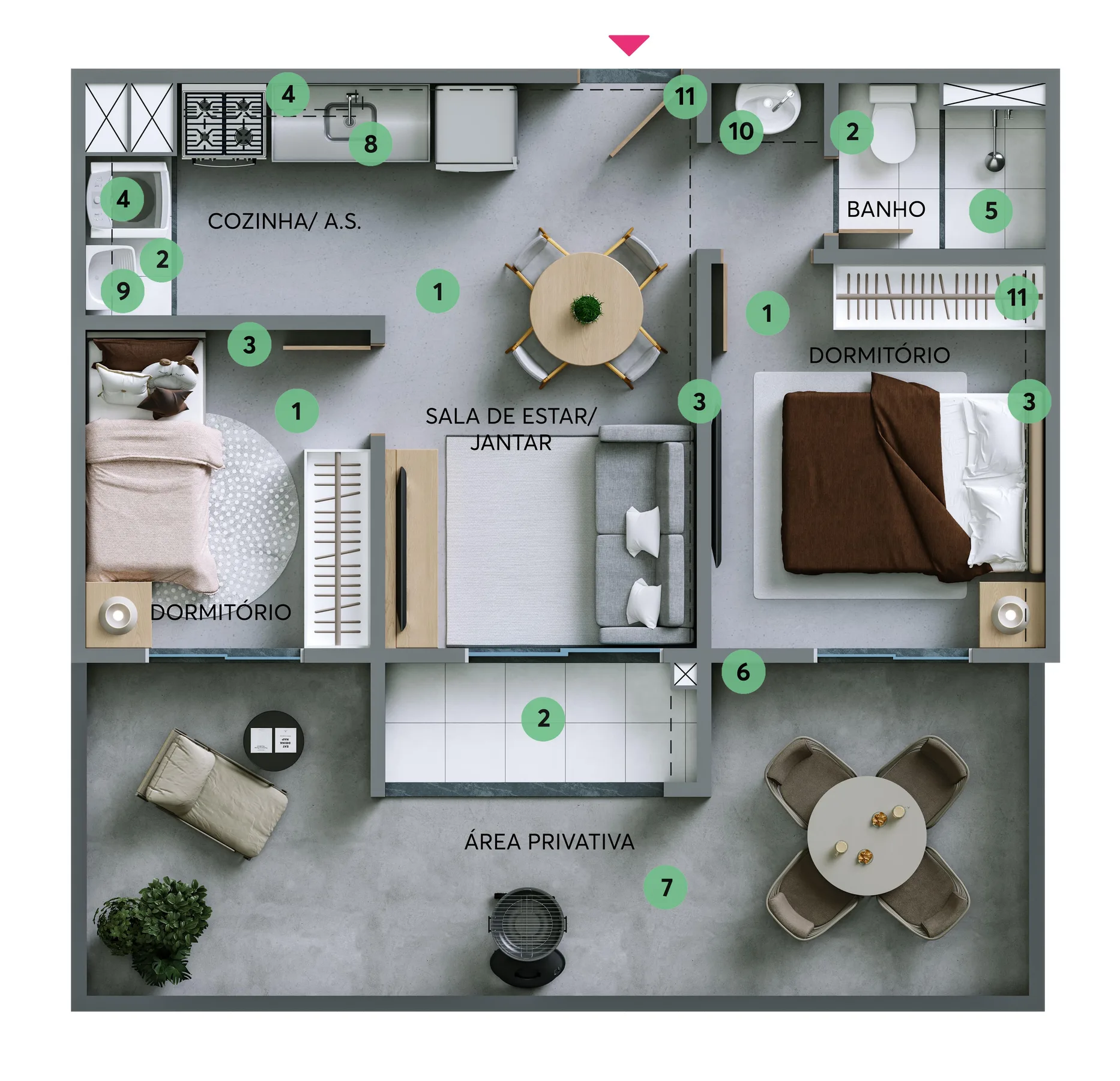 Planta do Nascente Pico dos Marins — 2 dormitórios – 52,39 m² Garden