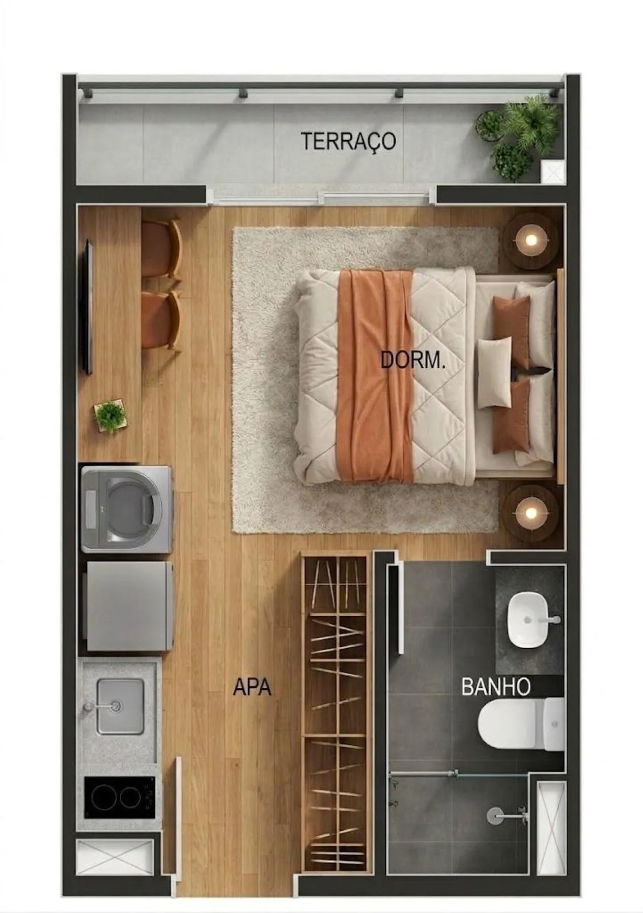Planta do Nex One Cotovia Arapanés em Indianópolis — 1 dormitório – 20 m² Studio