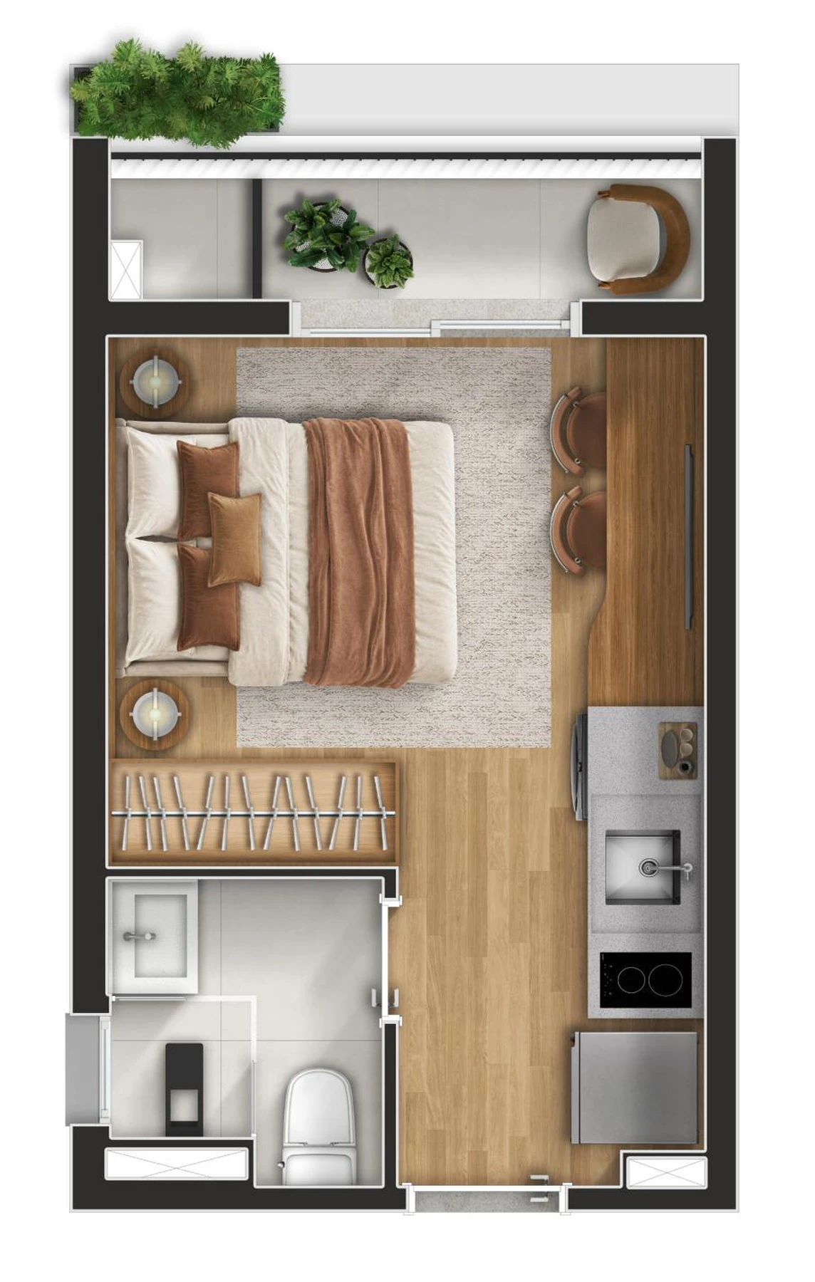Planta de studio do Nex One Galeria Jardins com cama, bancada de cozinha, banheiro e varanda com jardineira
