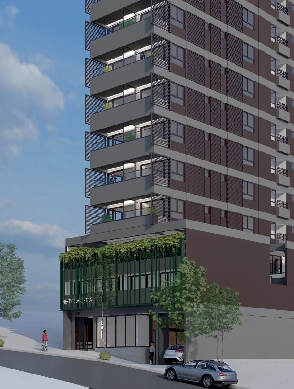 Fachada do Next Bela Cintra, edificio de doze andares com varandas e embasamento verde na Rua Bela Cintra, em Cerqueira Cesar