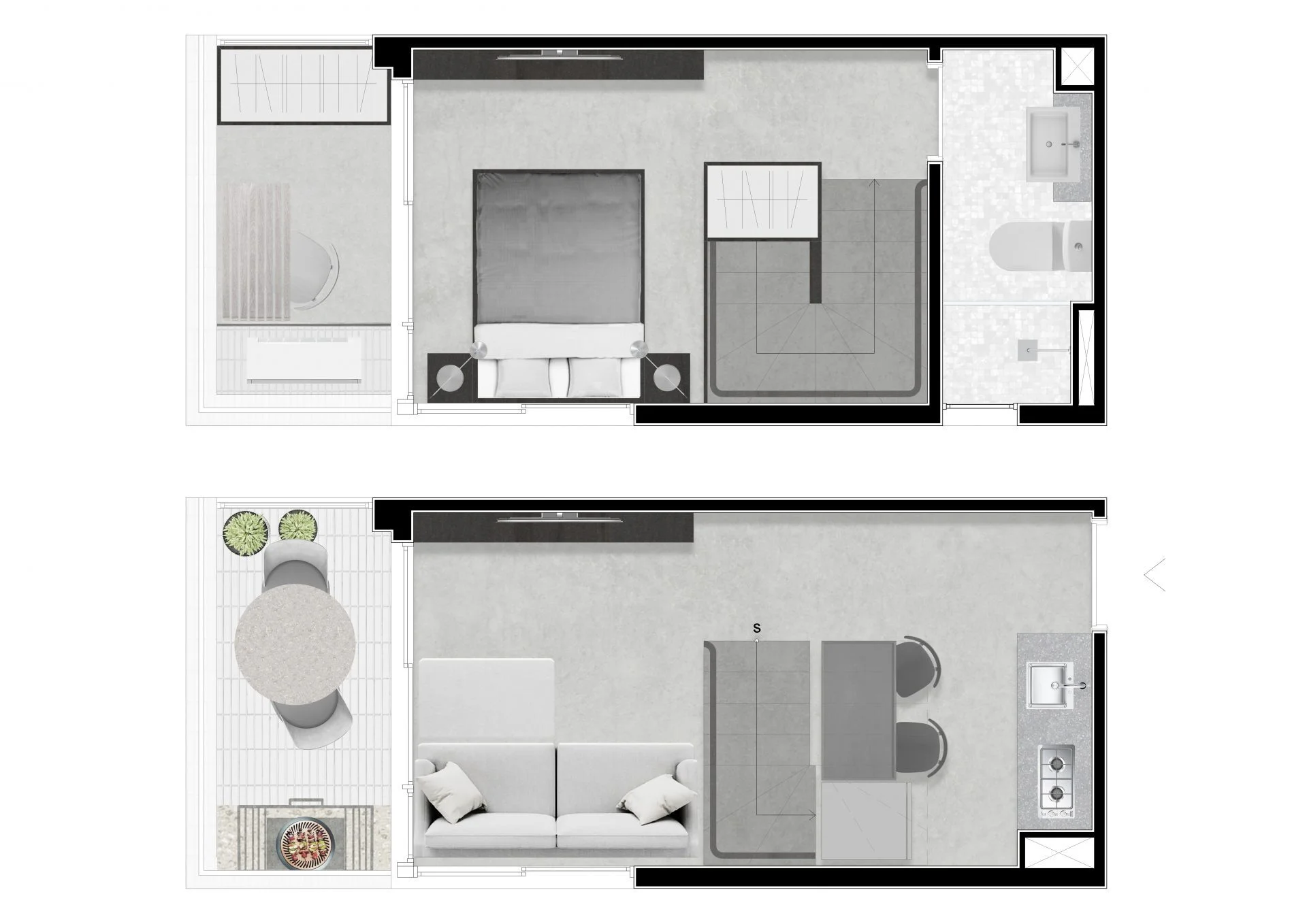 Planta do duplex de 1 dormitorio do Next Bela Cintra, com os dois pavimentos da mesma unidade