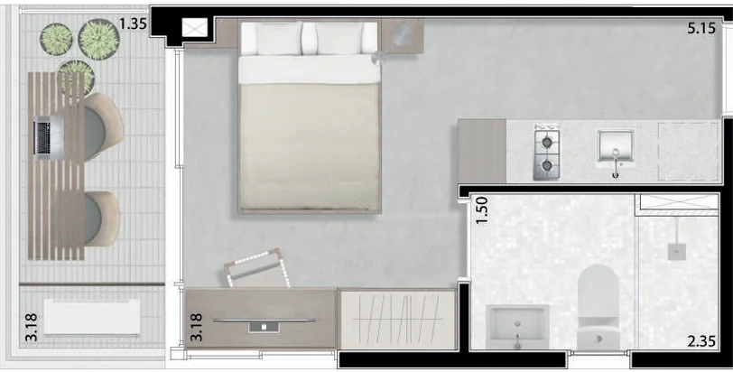 Planta do studio de 1 dormitorio do Next Bela Cintra, com ambiente integrado, cozinha e banheiro