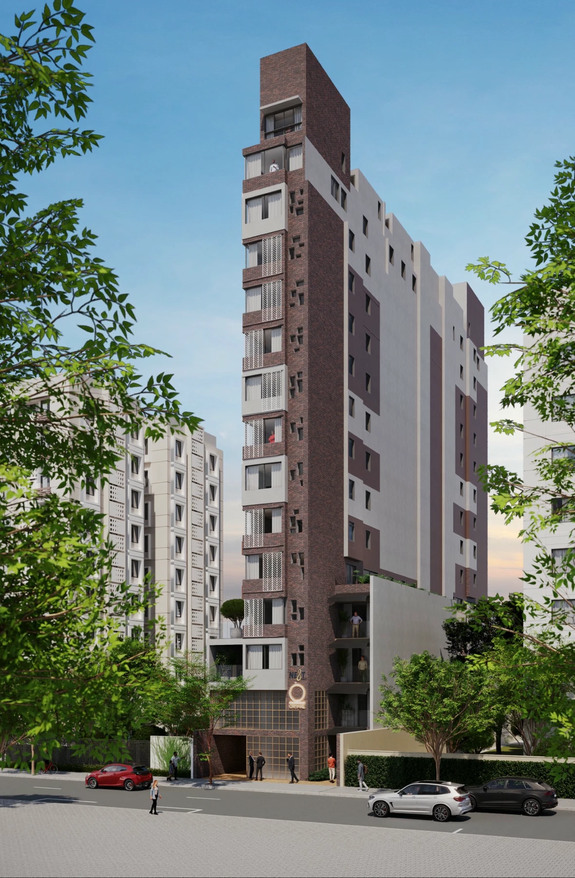 Fachada do Next Itaim by Ornare: torre estreita em tijolo e branco, com varandas recuadas, vista da Rua Pedroso Alvarenga