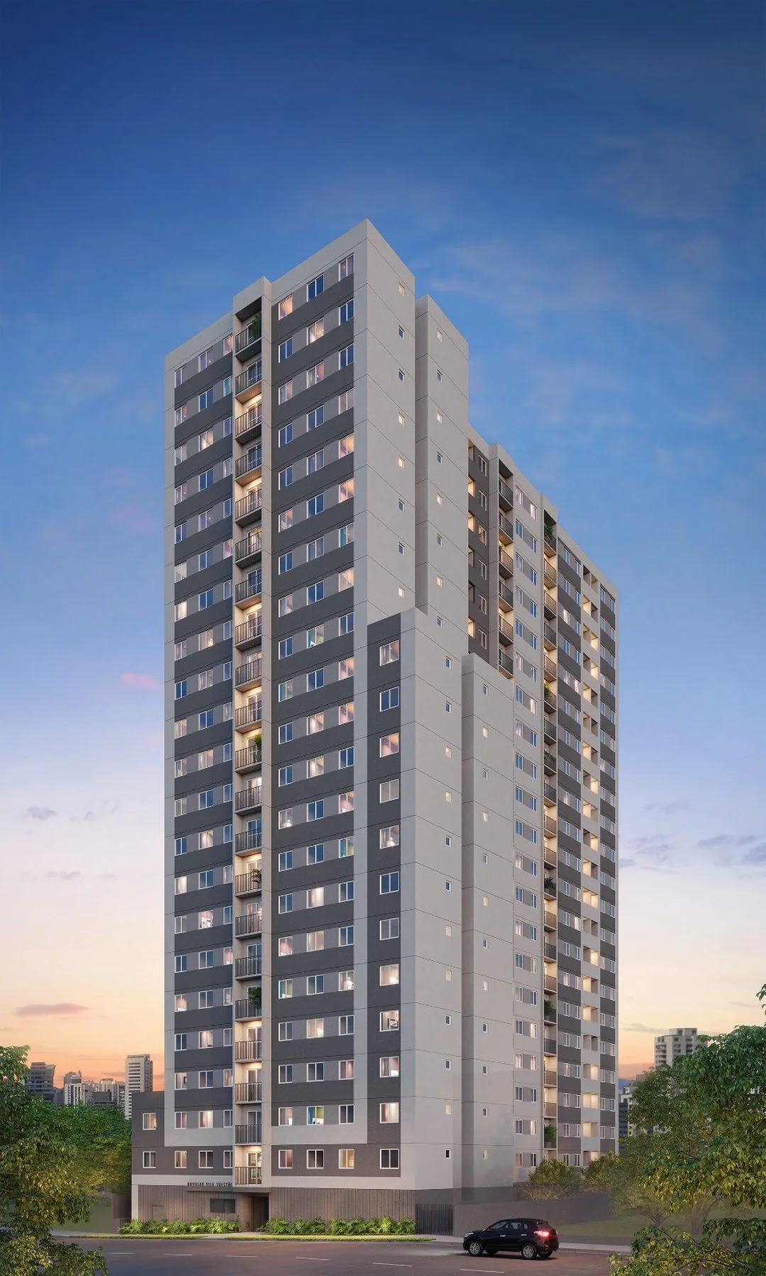 Fachada do Novolar Vila Tolstói, torre única na Avenida Morais Costa, na Vila Industrial, Zona Leste de São Paulo