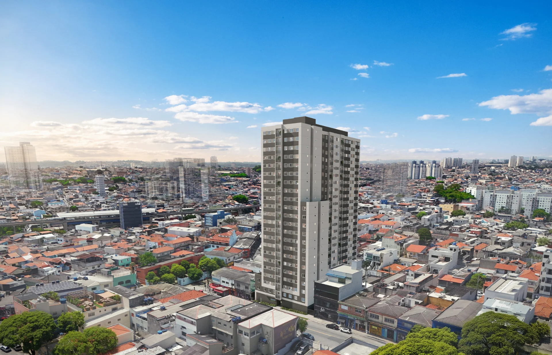Fotomontagem aérea do Novolar Vila Tolstói inserido no bairro, com a Zona Leste de São Paulo ao fundo