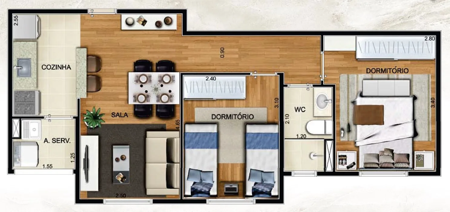 Planta do Olimpic MBigucci — 2 dormitórios – 46,08 m²