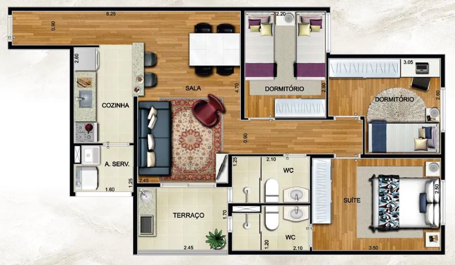 Planta do Olimpic MBigucci — 3 dormitórios – 64,82 m²