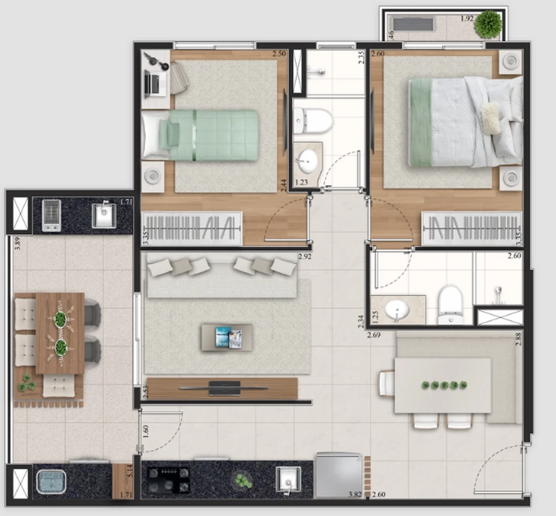 Planta do apartamento de 2 dormitórios de 66 m² do Piazza San Giovanni Battista, com suíte, sala, cozinha e varanda