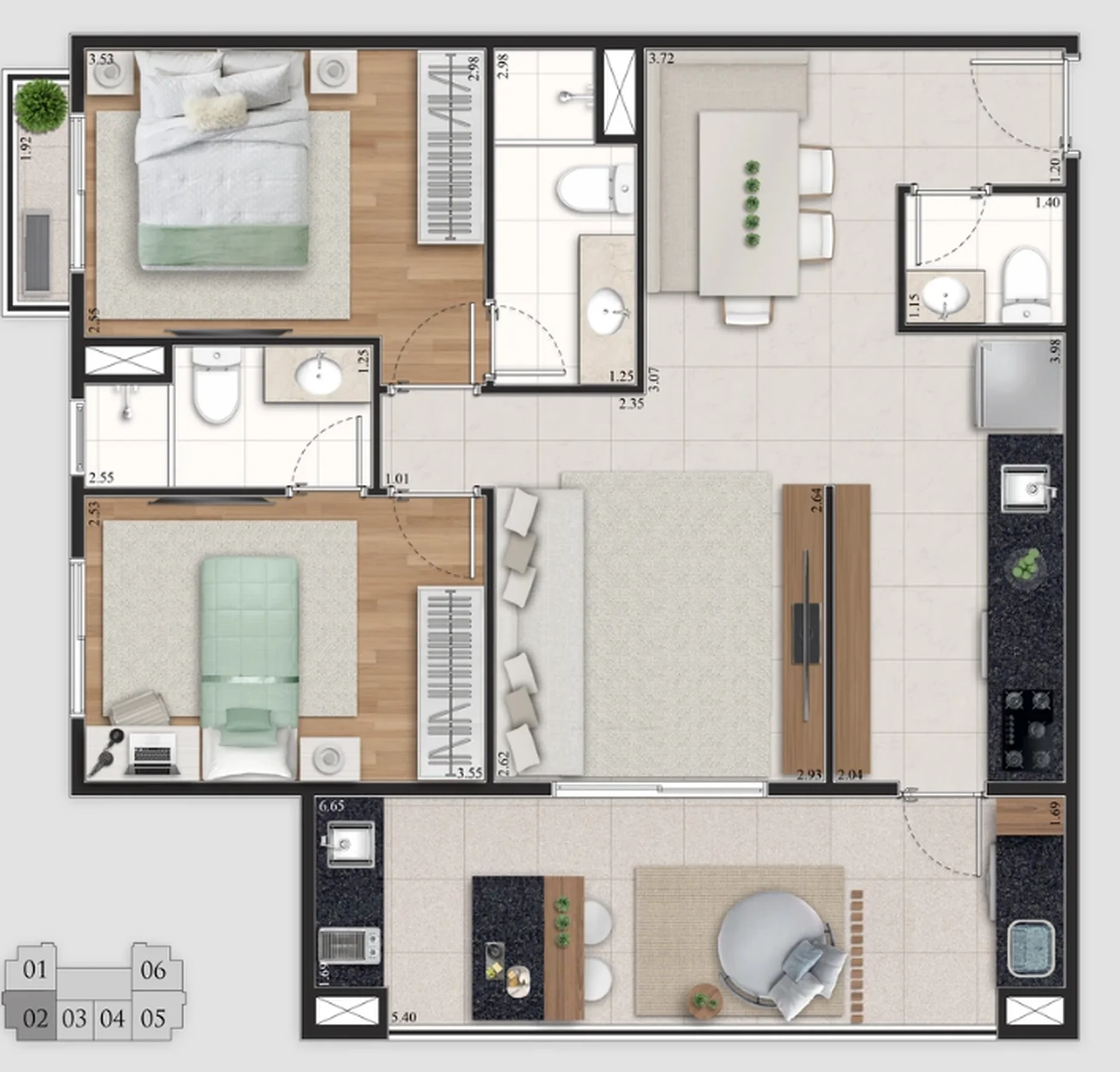 Planta do apartamento de 2 dormitórios de 75,50 m² do Piazza San Giovanni Battista, com duas suítes, living ampliado e varanda