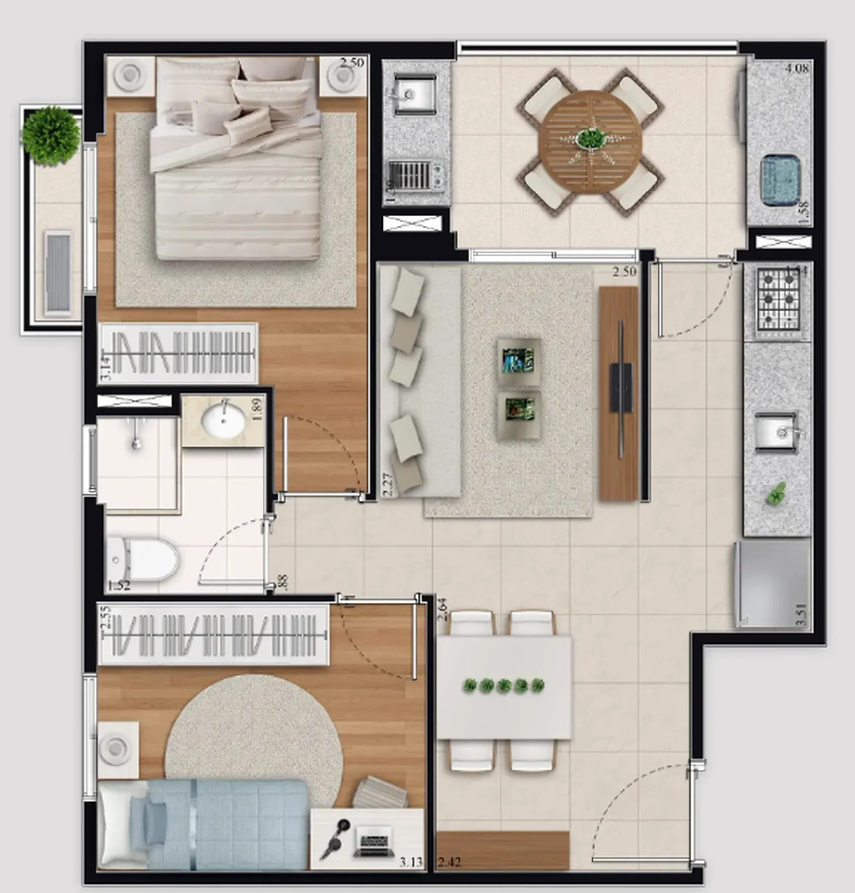 Planta do apartamento de 2 dormitórios de 55 m² do Piazza San Raffaele, com suíte, sala, cozinha e área de serviço