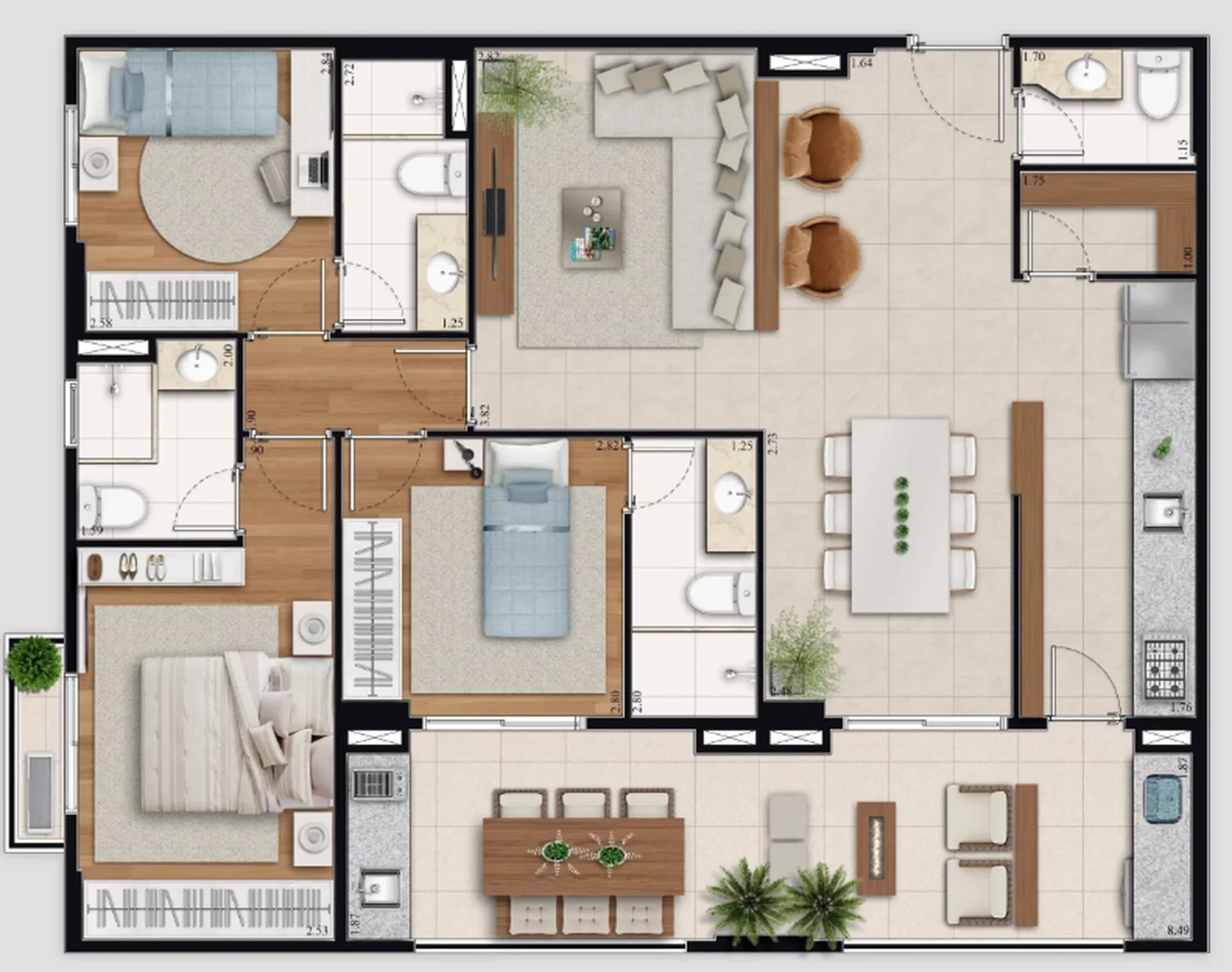 Planta do apartamento de 3 dormitórios de 106 m² do Piazza San Raffaele, com três suítes, living ampliado e varanda