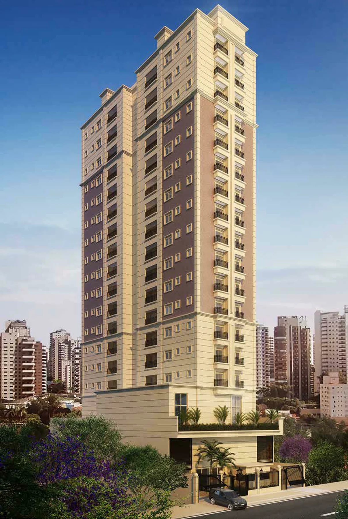 Fachada do Piazza San Simone: torre residencial bege de 15 andares, vista da rua com jacarandá florido e o skyline do bairro ao fundo