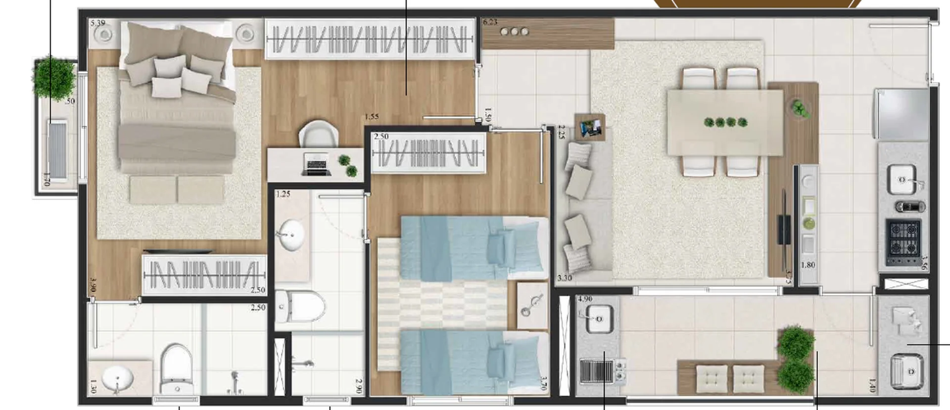Planta do apartamento de 2 dormitórios de 66 m² do Piazza San Simone, com sala, cozinha, dois banheiros e área de serviço
