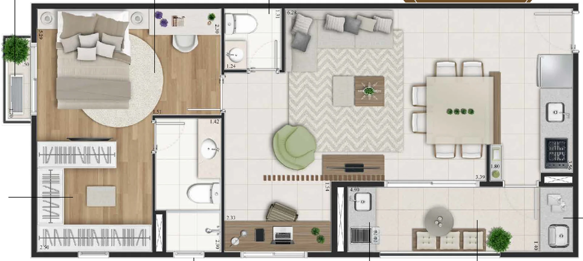 Planta do apartamento de 66 m² do Piazza San Simone na opção de 1 dormitório, com living ampliado