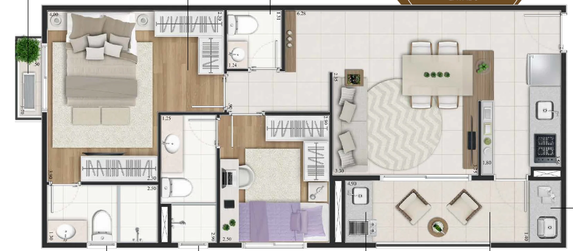 Planta do apartamento de 2 dormitórios de 66 m² do Piazza San Simone na segunda opção de layout, com sala em L