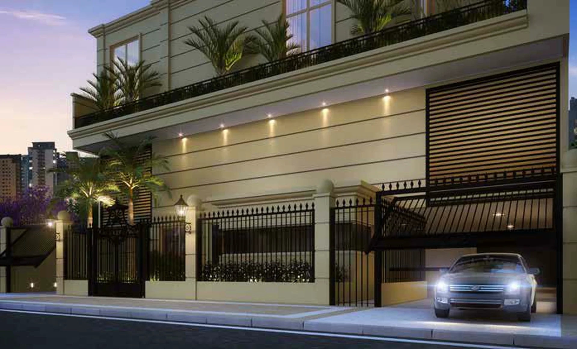 Portaria do Piazza San Simone ao anoitecer, com o muro de fechamento, o portão de garagem e um carro entrando