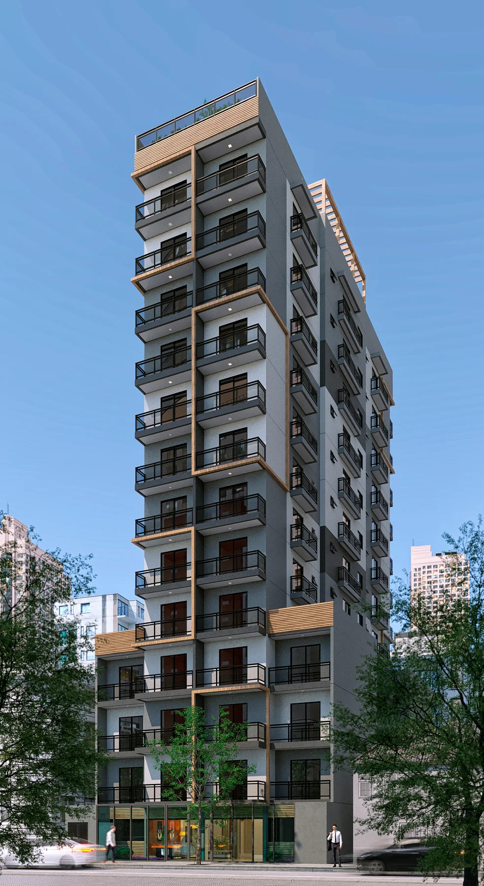 Fachada do Place Aclimação: torre residencial de 12 andares com varandas em sequência, vista da rua sob céu azul
