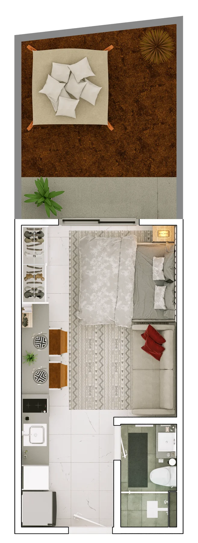 Planta da unidade garden de 1 dormitório de 38,18 m² do Place Aclimação, com área externa privativa