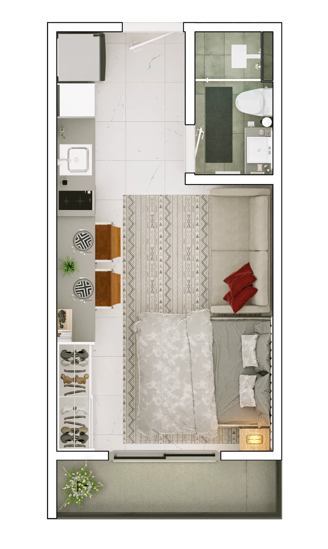 Planta do studio de 1 dormitório de 26,44 m² do Place Aclimação, com banheiro, cozinha e varanda
