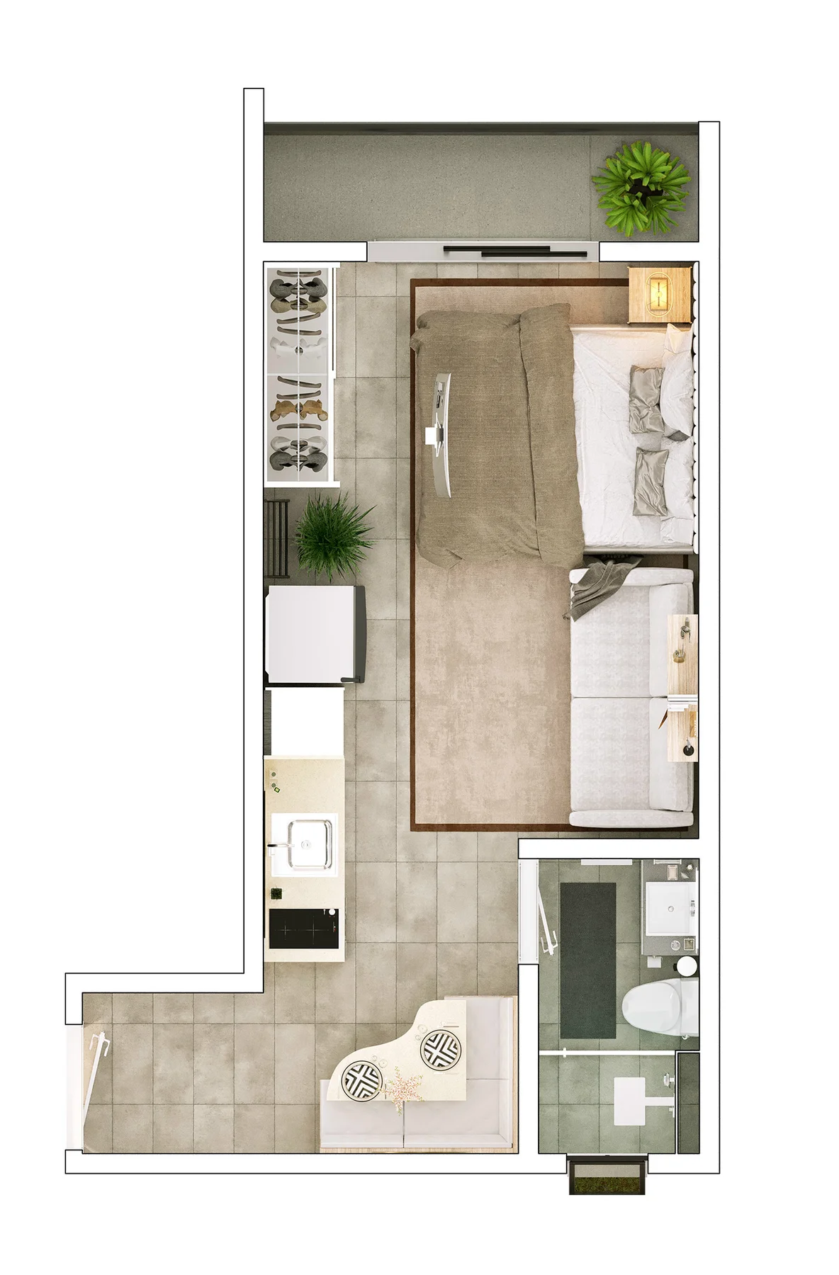 Planta do studio de 1 dormitório de 29,10 m² do Place Aclimação, com varanda em L e banheiro