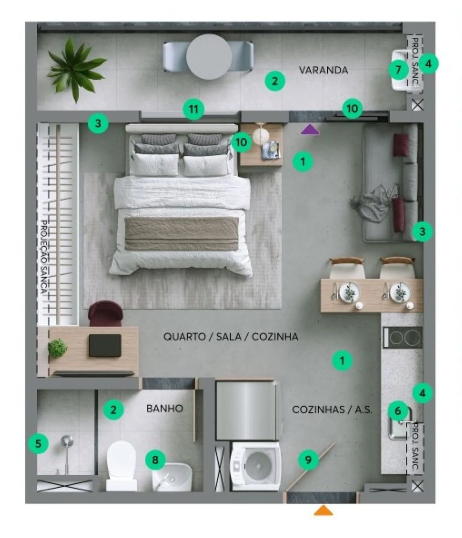 Planta do Poente Flor de Maio – Fase 1 em Pirituba — 1 dormitório – 26,63 m² Studio