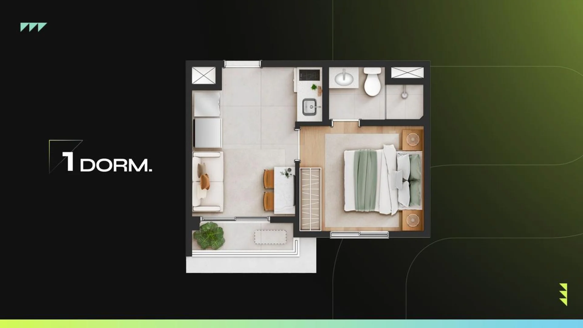 Planta de 1 dormitório com 24 m² do Polo Paulista