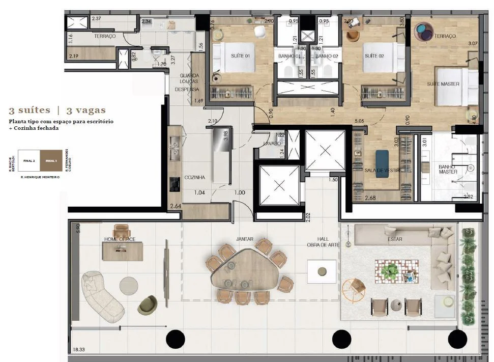 Planta de apartamento de 3 suítes e 232,5 m² do Praça Henrique Monteiro, com espaço para escritório e cozinha fechada