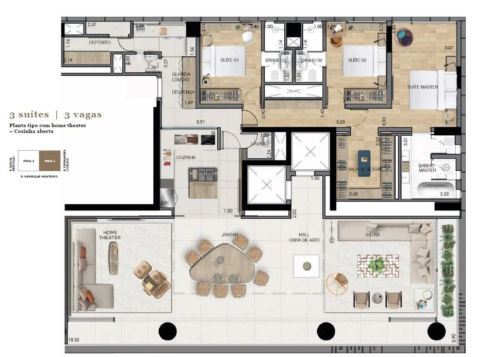 Planta de apartamento de 3 suítes e 232,5 m² do Praça Henrique Monteiro, com home theater e cozinha aberta