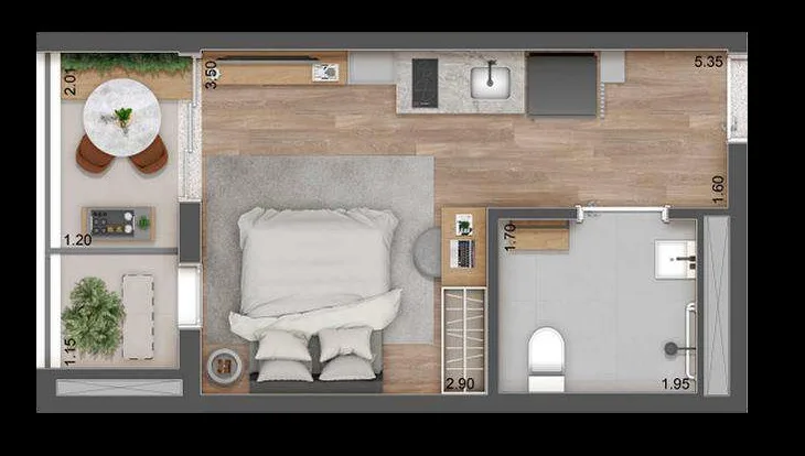 Planta do Raízes Reserve em Vila Prudente — 1 dormitório – 25 m² Studio