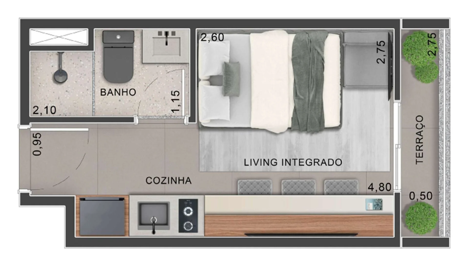 Planta do studio de 17 m² do Raj Home II, com living integrado, cozinha, banho e terraço