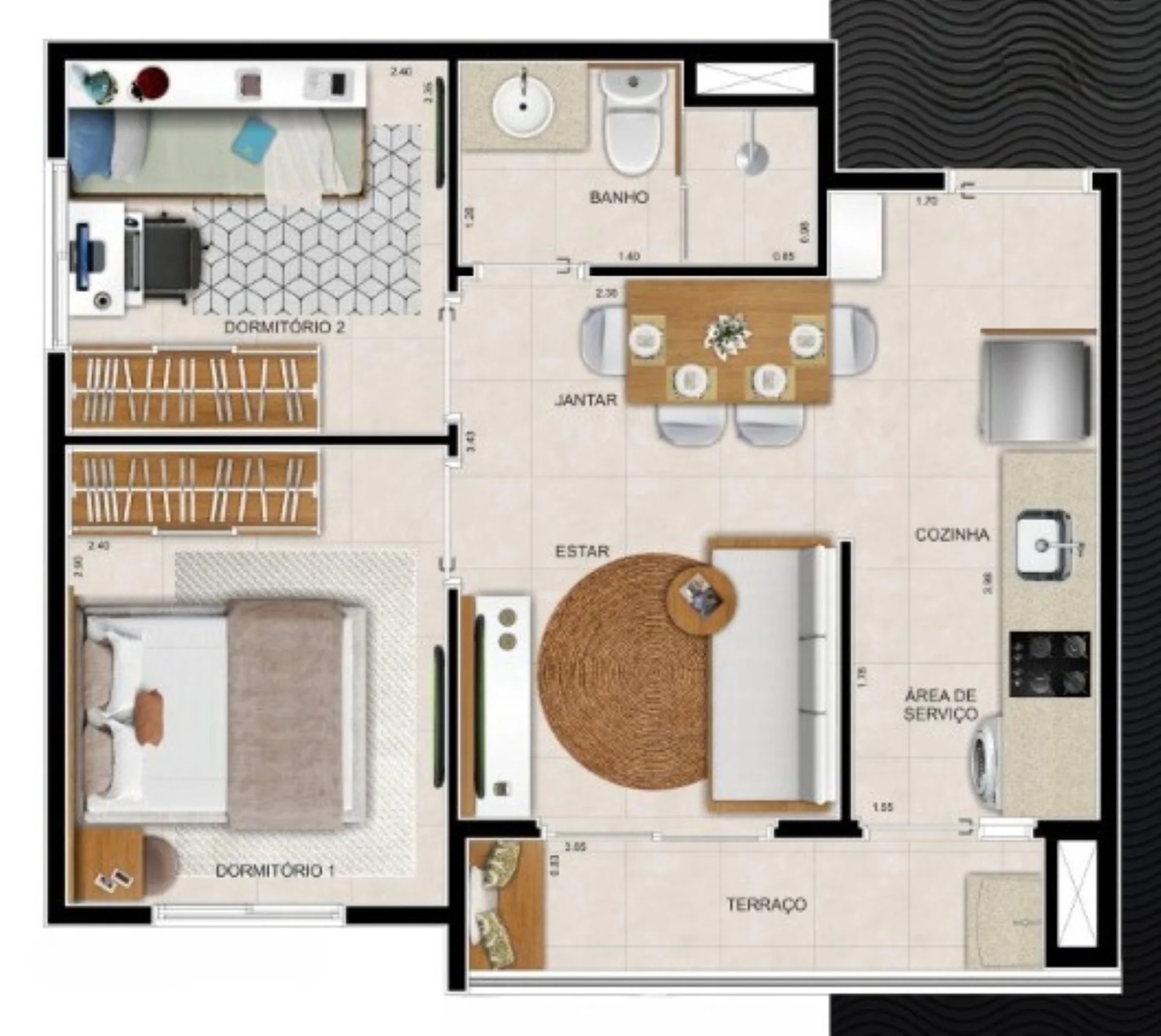 Planta do apartamento de 2 dormitórios e 33 m² do San Marino, com terraço