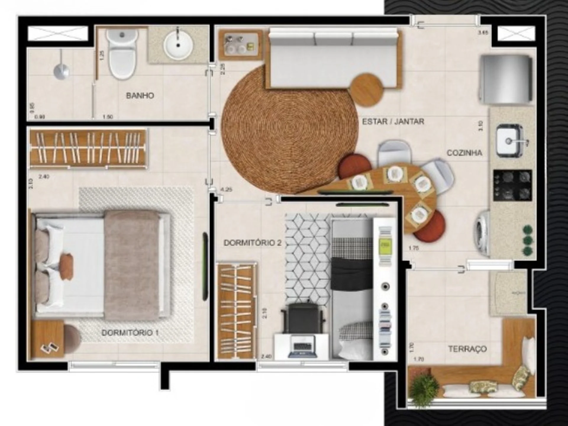 Planta do apartamento de 2 dormitórios e 37 m² do San Marino, com terraço