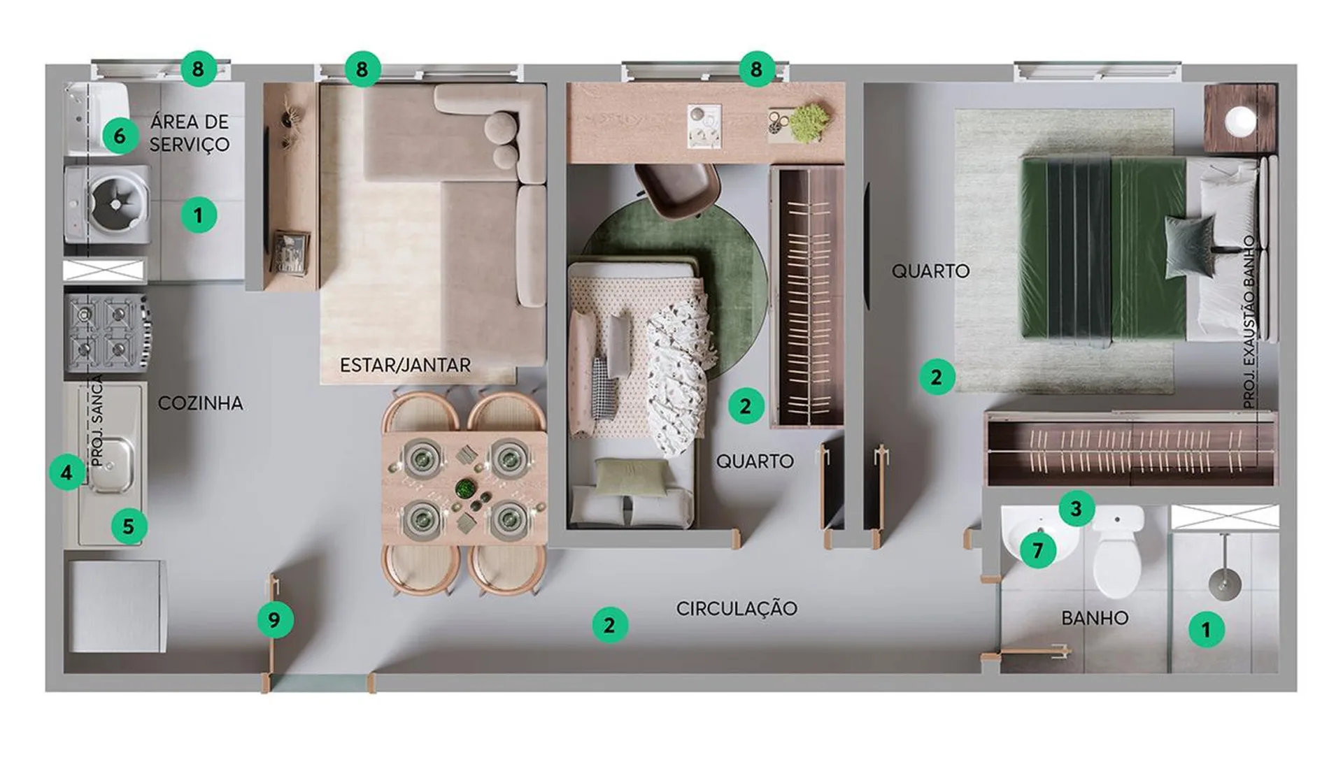Planta do San Toledo – Fase 1 — 2 dormitórios – 39,56 m²