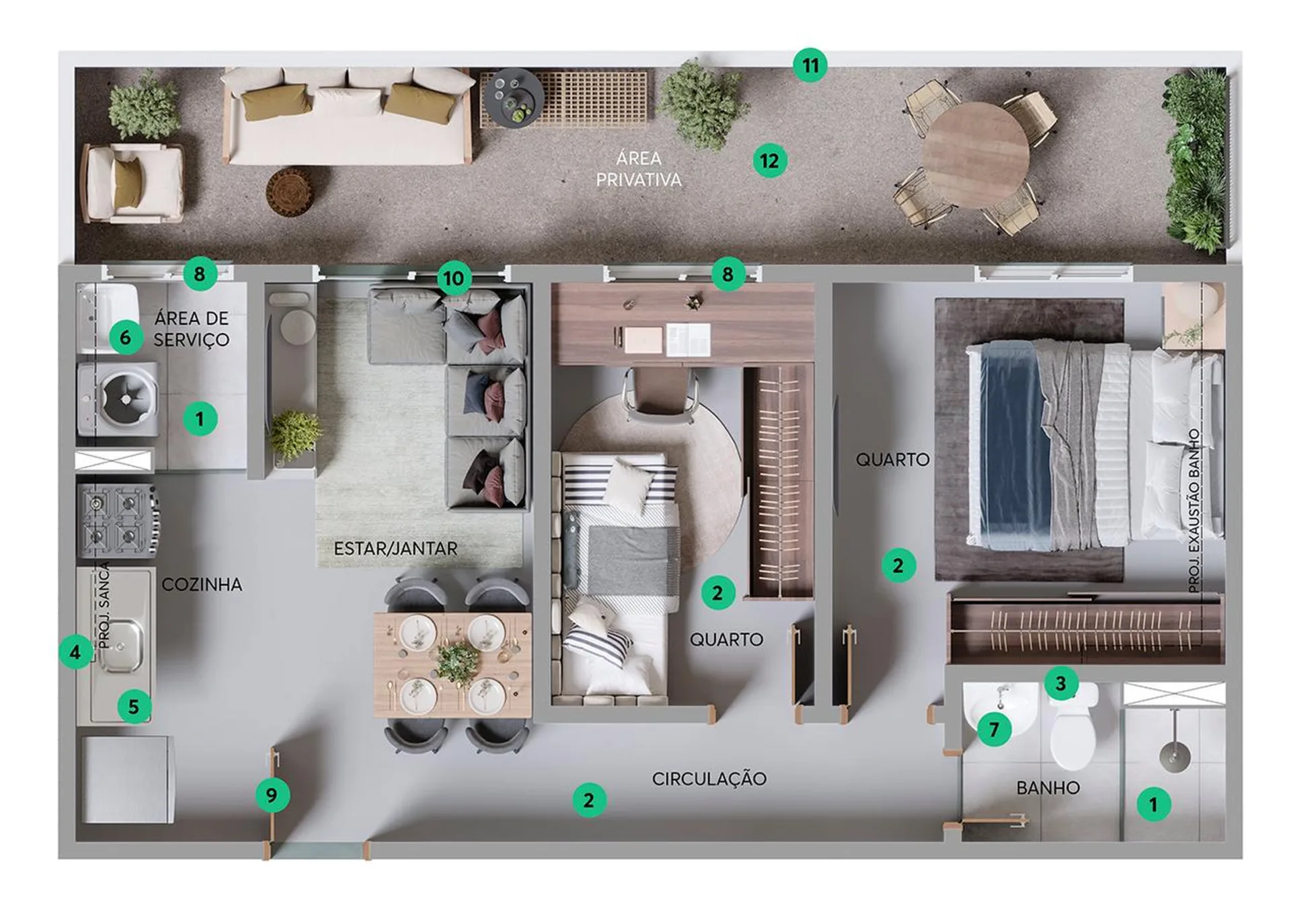Planta do San Toledo – Fase 1 — 2 dormitórios – 54,1 m² Garden