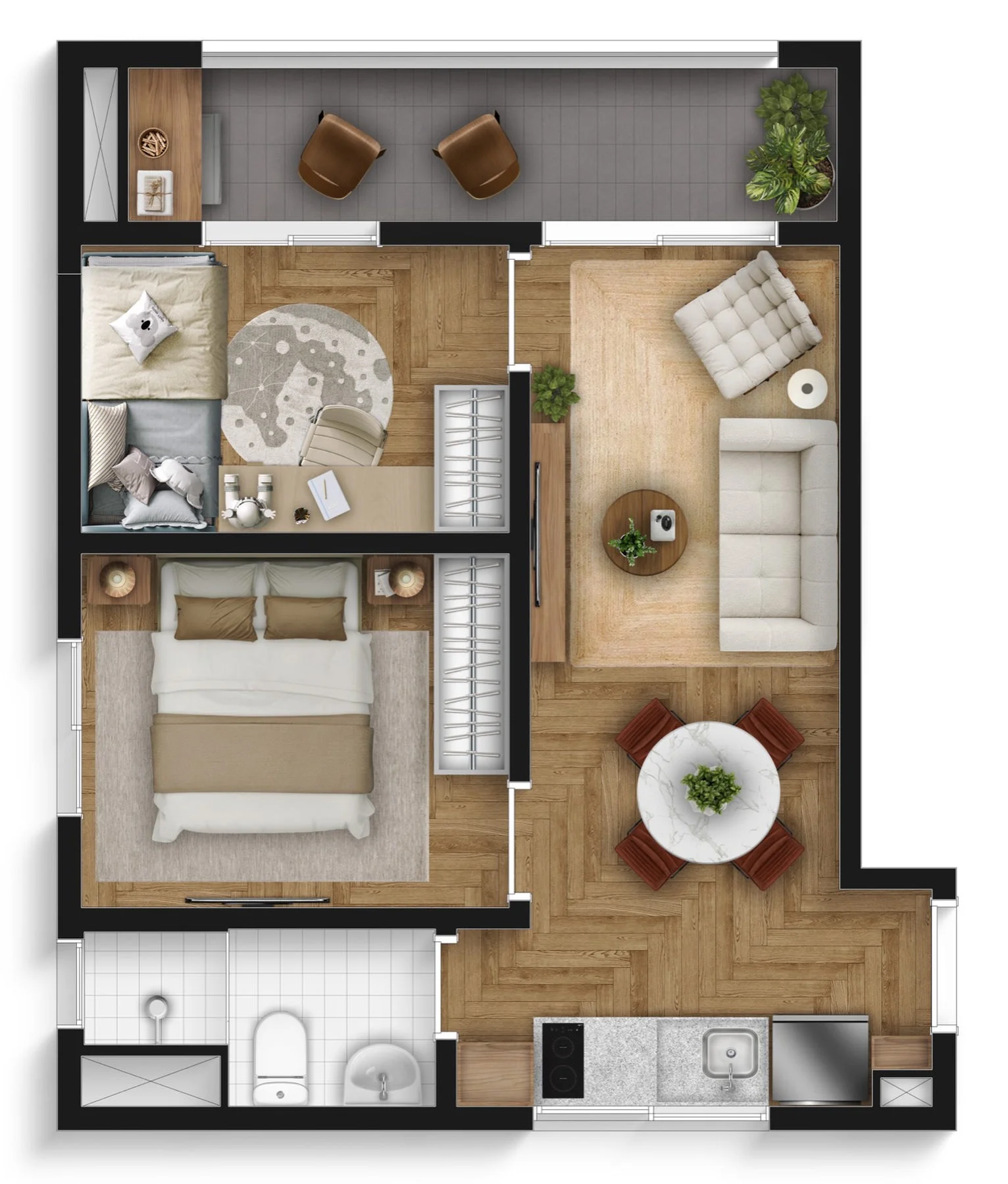 Planta de 2 dormitórios com 39,73 m² do Santo Amaro II