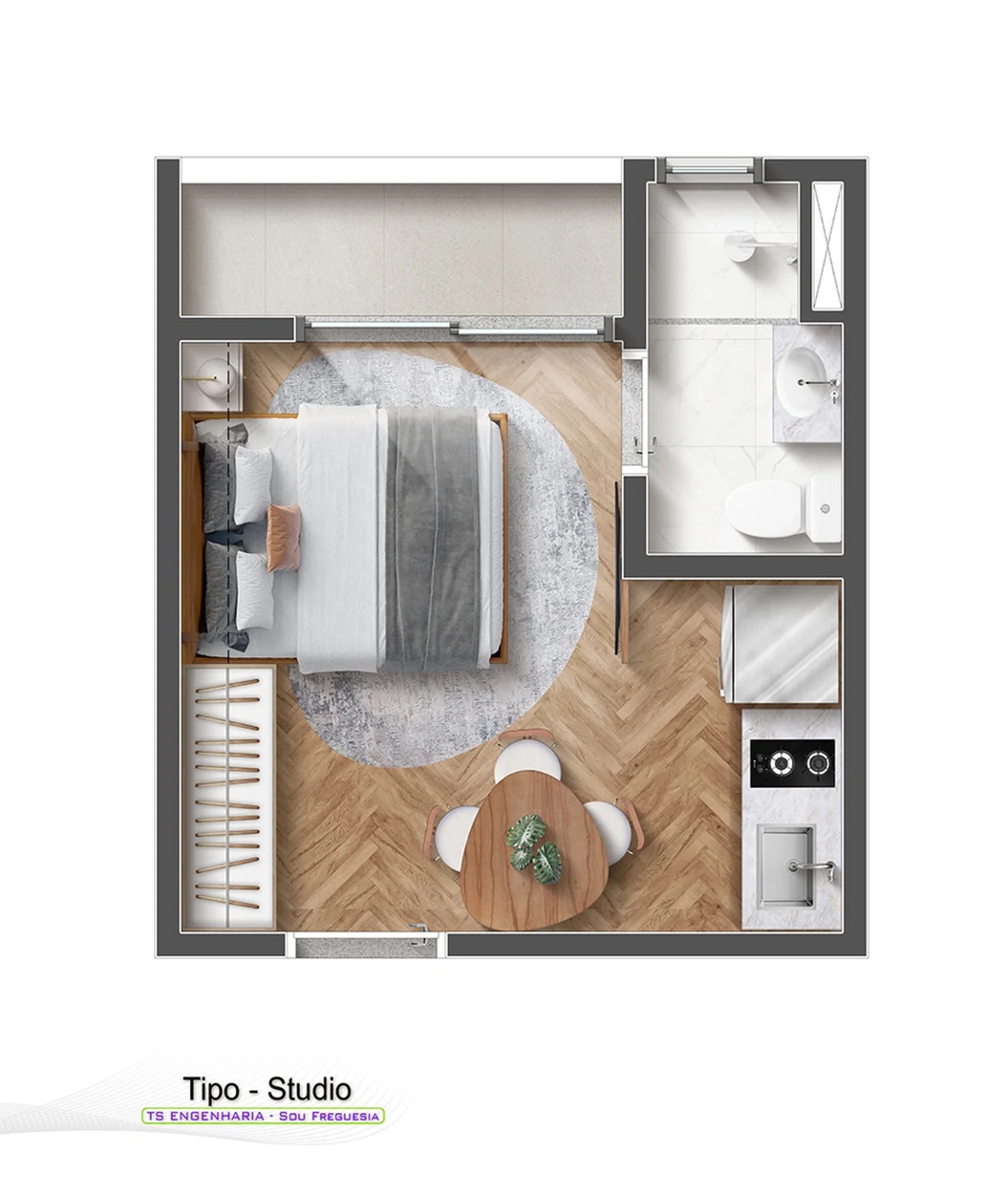 Planta do studio de 17,55 m² do Sou Freguesia, com cama, mesa redonda, cozinha e banheiro