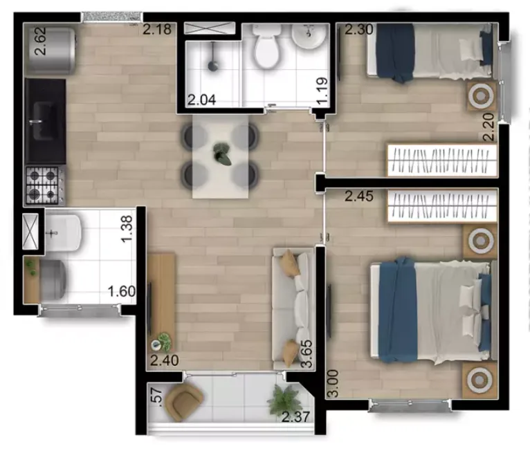 Planta do Soul Pari — 2 dormitórios – 37 m²
