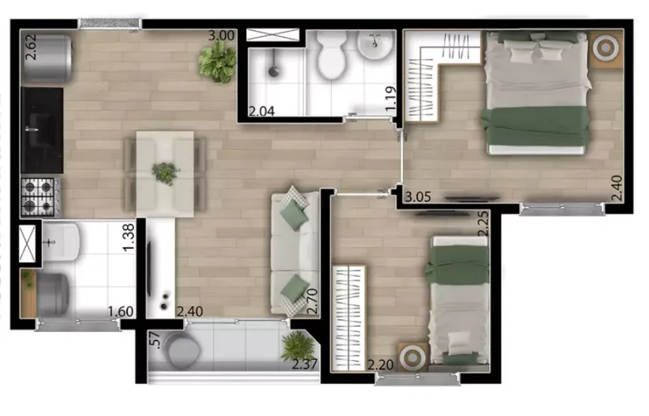 Planta do Soul Pari — 2 dormitórios – 37 m²