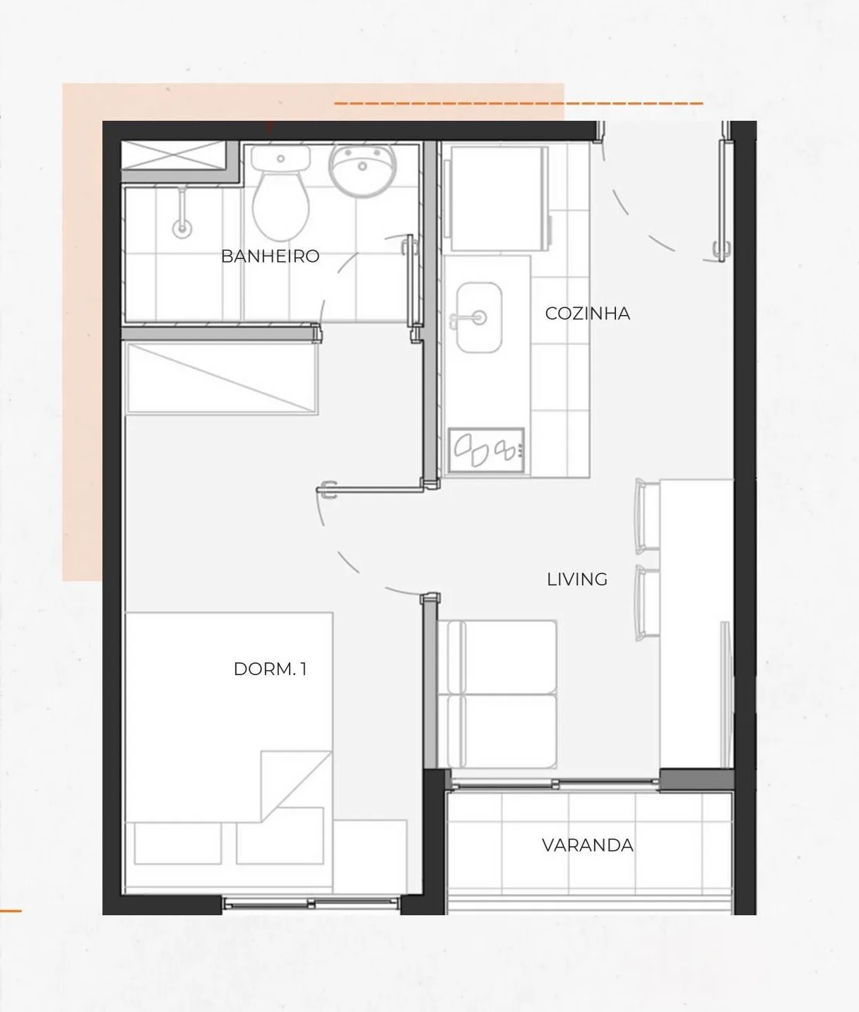 Planta do Status Paulista em Bela Vista — 1 dormitório – 22,85 m²