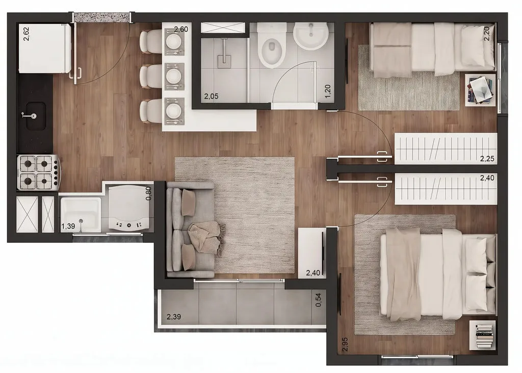 Planta de 2 dormitórios de 34 m² do Tech Zona Sul